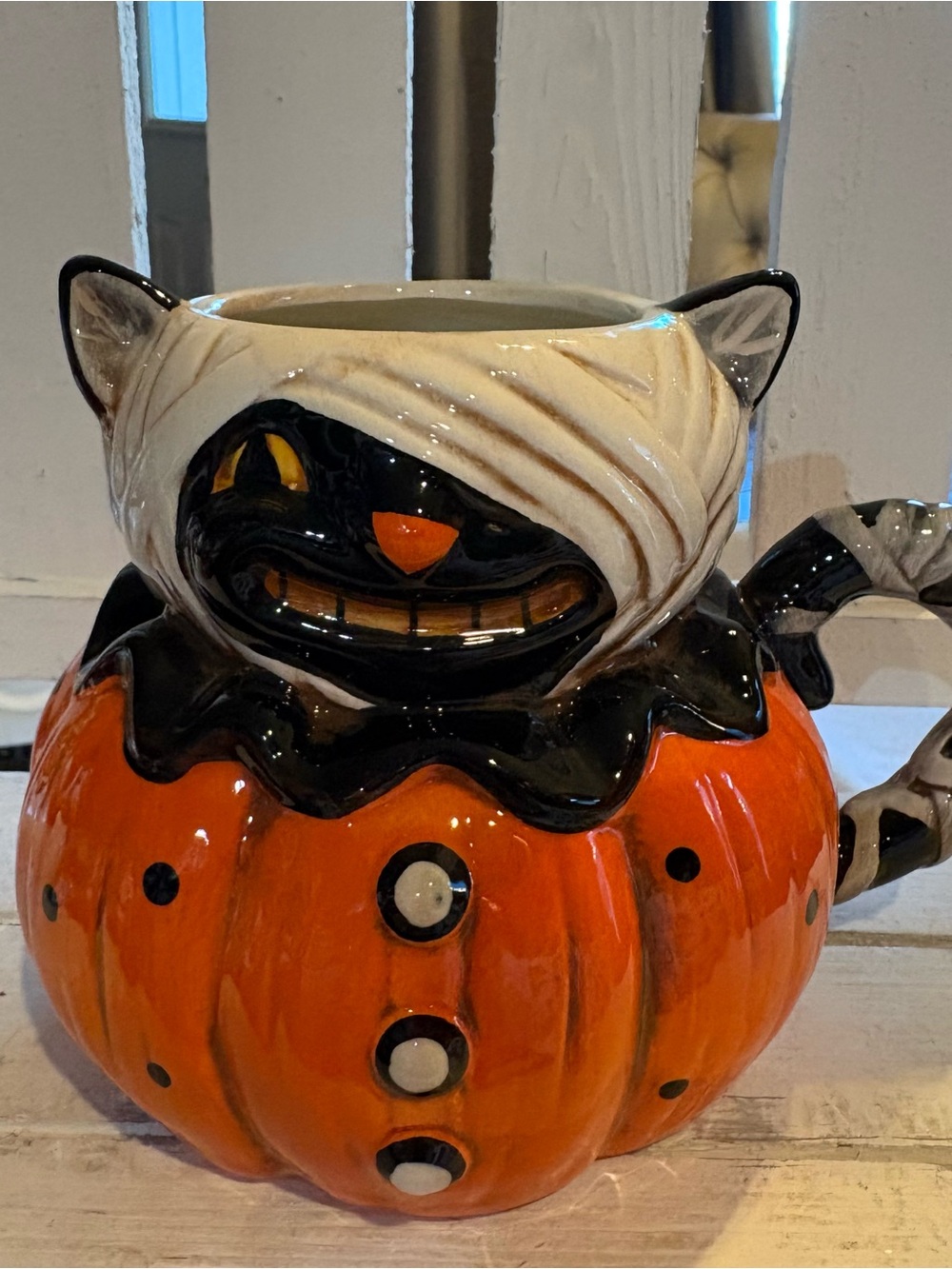 Magenta Black & Orange Cat Pumpkin Ceramic Planter